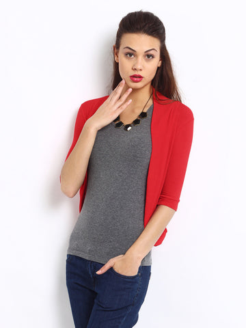 Silver Strings Women Red Long Shrug