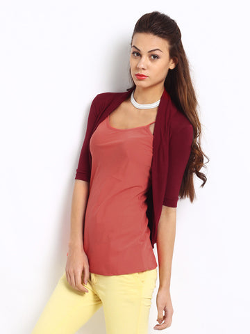 Silver Strings Women Maroon Long Shrug