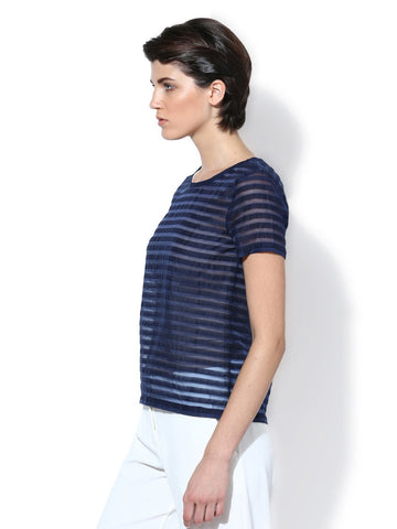 Sisley Women Navy Blue Striped Sheer Top