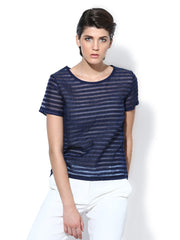 Sisley Women Navy Blue Striped Sheer Top