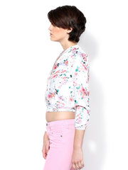 Sisley Women White &amp; Pink Floral Print Jacket