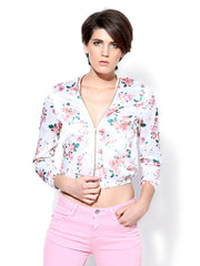 Sisley Women White &amp; Pink Floral Print Jacket
