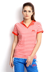 Slazenger Women Coral Pink &amp; White Striped Polo T-shirt