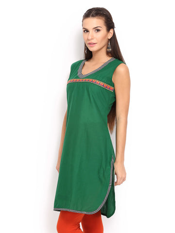 Span Women Green Cotton Kurta