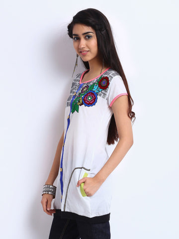 Span Women White Printed Egyptian Cotton Tunic