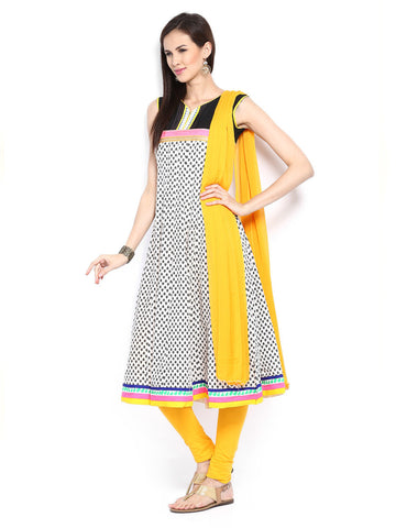 Span Women White &amp; Yellow Anarkali Churidar Kurta with Dupatta