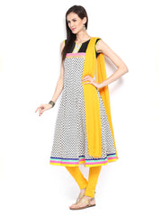 Span Women White &amp; Yellow Anarkali Churidar Kurta with Dupatta