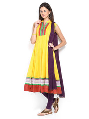 Span Women Yellow &amp; Purple Anarkali Churidar Kurta with Dupatta