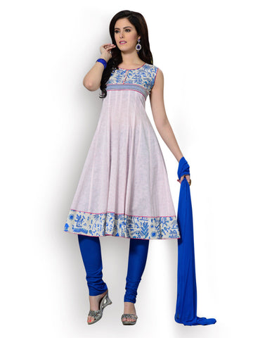 Span Women White &amp; Blue Printed Anarkali Churidar Kurta with Dupatta