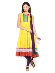 Span Women Yellow &amp; Purple Anarkali Churidar Kurta with Dupatta