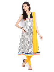 Span Women White &amp; Yellow Anarkali Churidar Kurta with Dupatta