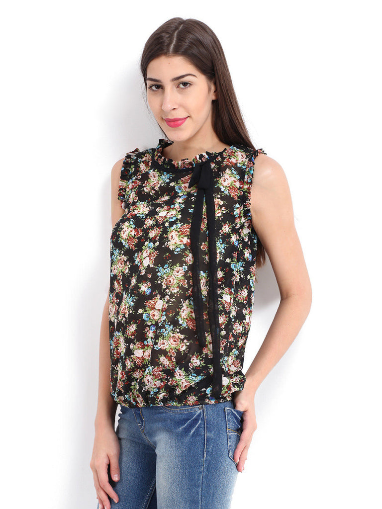 Style Quotient Women Black Floral Print Top