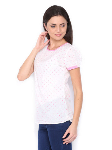 Style Quotient Women White &amp; Pink Dot Print Top