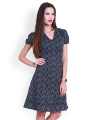The Gud Look Navy Blue Floral Print A-Line Dress