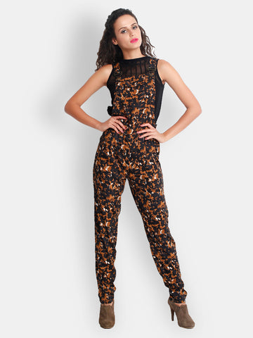 The Gud Look Women Brown &amp; Black Printed Dungaree