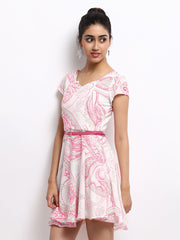 The Vanca White &amp; Pink Printed Fit &amp; Flare Dress