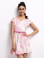 The Vanca White &amp; Pink Printed Fit &amp; Flare Dress