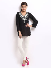 The Vanca Women Black &amp; Off-White Embroidered Churidar Kurta Set