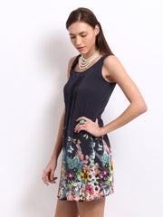 The Vanca Navy Blue Floral Print A-Line Dress
