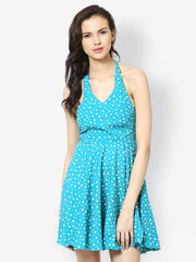 The Vanca Teal Blue Polka Dot Printed Fit &amp; Flare Dress