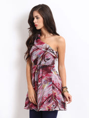 The Vanca Maroon &amp; Grey Printed Fit &amp; Flare Dress