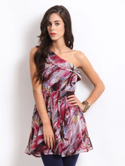 The Vanca Maroon &amp; Grey Printed Fit &amp; Flare Dress