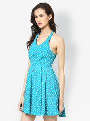 The Vanca Teal Blue Polka Dot Printed Fit &amp; Flare Dress