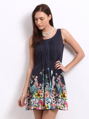 The Vanca Navy Blue Floral Print A-Line Dress