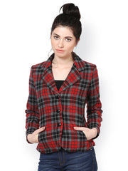 The Vanca Women Red Checked Slim Fit Jacket