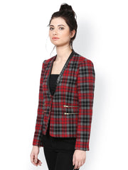 The Vanca Women Red Checked Slim Fit Jacket