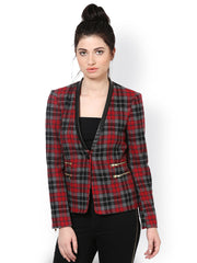 The Vanca Women Red Checked Slim Fit Jacket