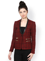 The Vanca Women Red Checked Slim Fit Jacket