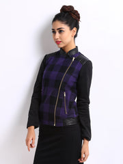 The Vanca Women Purple &amp; Black Checked Tweed Jacket