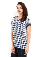 Tokyo Talkies Women White &amp; Navy Sheer Printed Top