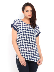Tokyo Talkies Women White &amp; Navy Sheer Printed Top
