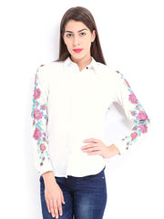 Tokyo Talkies Women White Embroidered Shirt