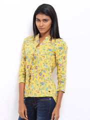 U.S. Polo Assn. Women Yellow Printed Linen Casual Shirt