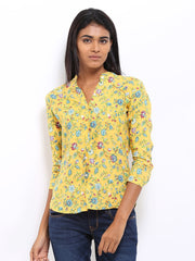U.S. Polo Assn. Women Yellow Printed Linen Casual Shirt