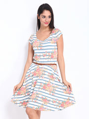 United Colors of Benetton White &amp; Blue Printed Fit &amp; Flare Dress