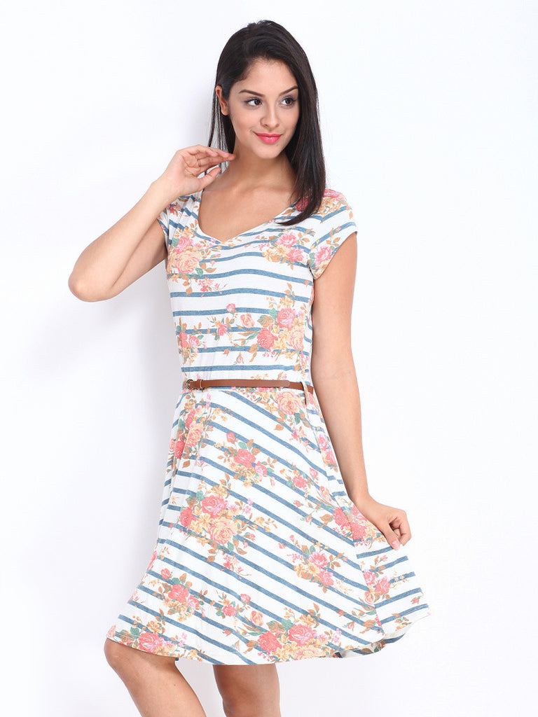 United Colors of Benetton White &amp; Blue Printed Fit &amp; Flare Dress