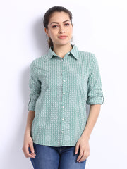 United Colors of Benetton Women Green &amp; White Printed Shirt