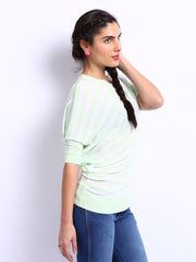 United Colors of Benetton Women Green &amp; White Striped Asymmetric Top