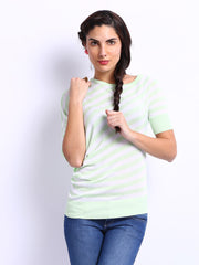 United Colors of Benetton Women Green &amp; White Striped Asymmetric Top
