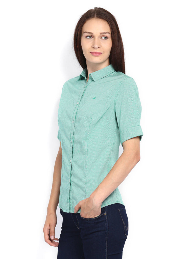 United Colors of Benetton Women White &amp; Green Checked Shirt