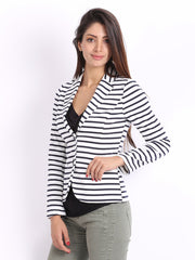 United Colors of Benetton Women White &amp; Navy Striped Jacket