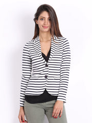 United Colors of Benetton Women White &amp; Navy Striped Jacket