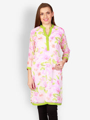 Uptown Galeria Women White &amp; Pink Printed Kurta