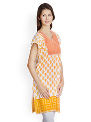 VANI Women White &amp; Mustard Yellow Printed Kurta
