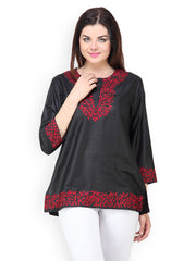 Vedanta Women Black &amp; Maroon Silk Kurti