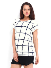 Vero Moda Women White &amp; Navy Checked T-shirt